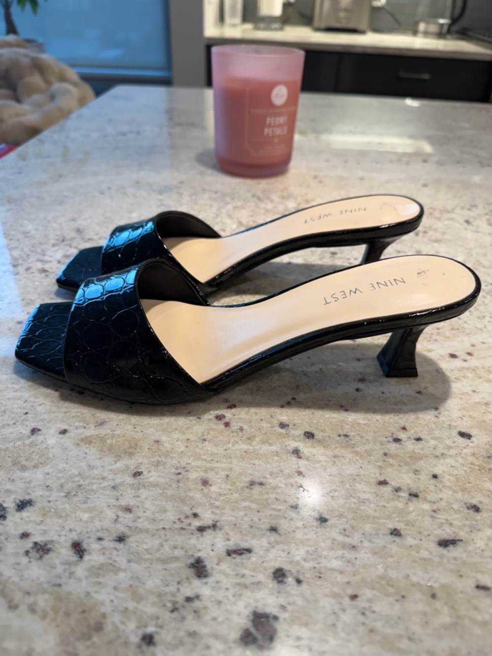 Nine West Black Croc-Embossed Patent Slide Mules